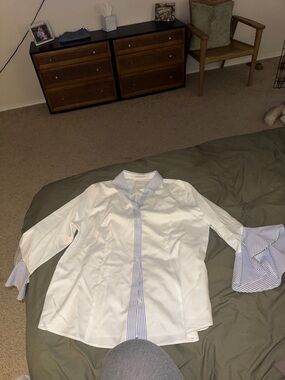 Chico's Button-Front Blouse with Blue Stripe Flouncy sleeves